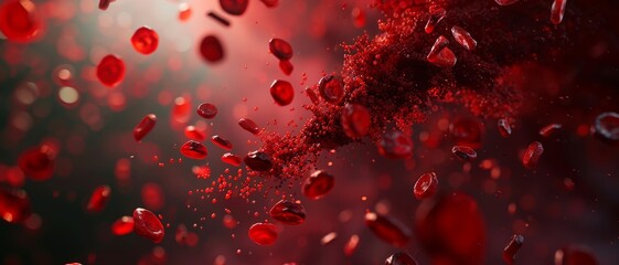 World Blood Donor Day. 3d illustration of many blood cells. Red blood cells with sparkling highlights in a dark background. 