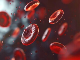 World Blood Donor Day. 3d illustration of many blood cells. Red blood cells with sparkling highlights in a dark background. 