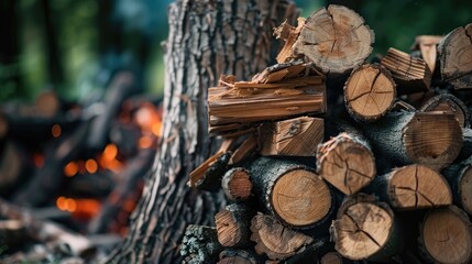 Logs are found scattered while freshly cut wood is seen on the stump