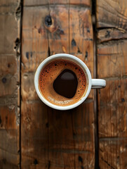 A white coffee cup with coffee in it sits on a wooden table