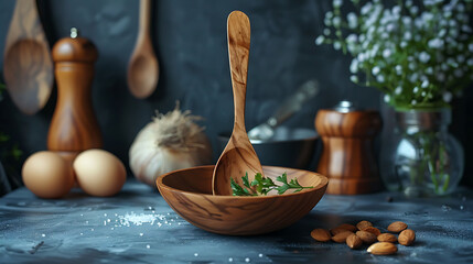 Wooden spoon and ingredients on dark background, Vegetarian food, health or cooking concept