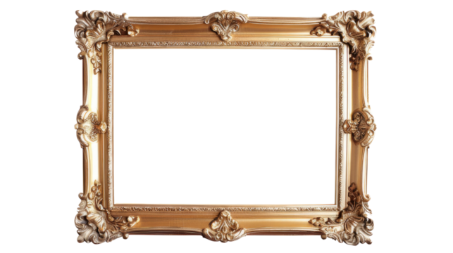 A photo or painting frame with a transparent background. Classic themed photo frame with stunning gold color. - Powered by Adobe