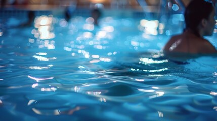 The shimmering ripples of a pool illuminated by the soft moonlight create a tranquil atmosphere for a group of swimmers whose distorted figures are seen in the blurry background. .