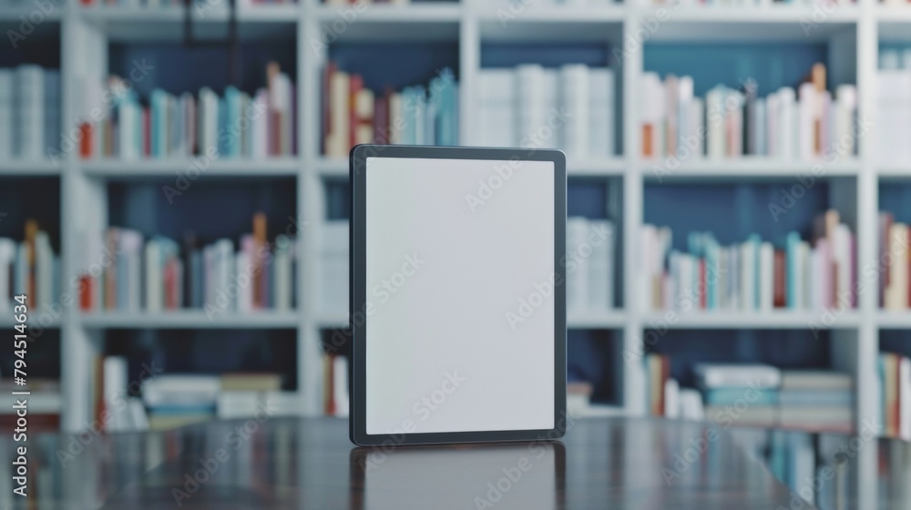 Poster blank mockup of an ereader with a virtual bookshelf feature allowing users to organize and display t