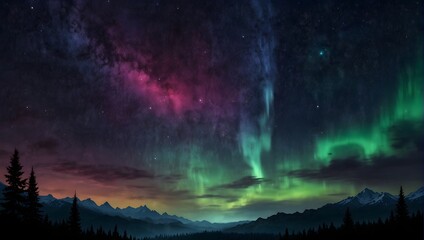 Illustration of a fantastical night sky backdrop adorned with spreading auroras Generative AI