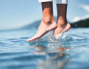 Closeup of legs of young woman standing in sea water on sunny day