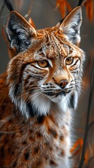 Obraz premium Portrait of a beautiful detailed fur lynx in natural habitat. Lynx with fluffy fur and piercing eyes under small snowflakes.