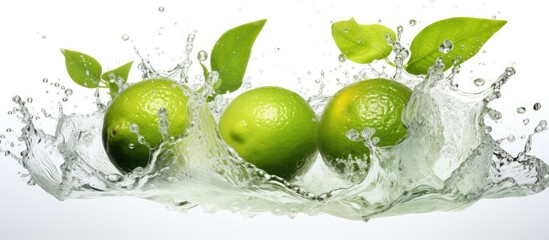 Three limes falling into a splash of refreshing water