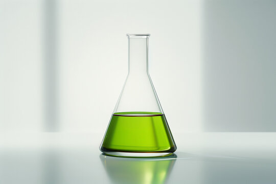 chemical laboratory flask with green liquid, erlenmeyer, white lab bench and background, glassware equipment for scientific experiment in medicine biology healthcare chemistry research, flavor odor