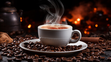 Obraz premium Classic White Coffee Cup with Smoke on Coffee Beans
