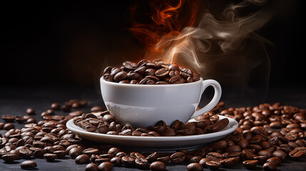 Cup Overflowing with Coffee Beans and Smoke