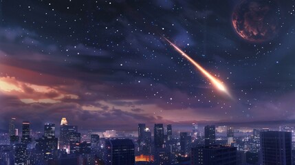 Night Sky Sprinkled with Stars Above the City's Silhouette, Сamet, asteroid, meteorite flying on dark blue background. Night landscape. - obrazy, fototapety, plakaty