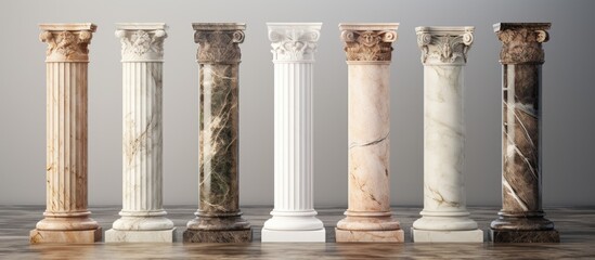 Marble columns in various colors arranged symmetrically on table
