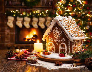 Gingerbread house in front of a fireplace and Christmas tree.