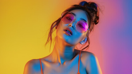 Naklejka premium fashionable woman with sunglasses in neon lighting portrait