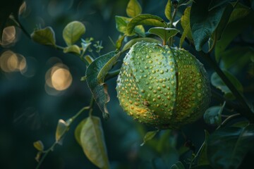 Closeup of a green citrus fruit with bumpy skin