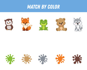 Match colorful forest animals by colors. Educational logical game for kids. Worksheet. Bear, fox, frog, owl, wolf. Vector