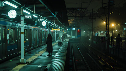 The image depicts a person standing on a train platform, and they are wearing a dark coat - obrazy, fototapety, plakaty