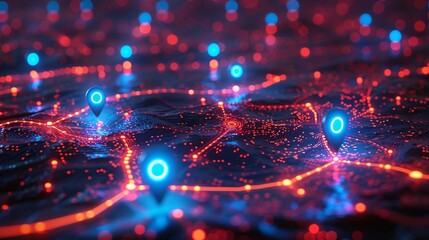 Digital GPS, neon map pin location.  Innovation navigation technology concept, network connection, information pointers