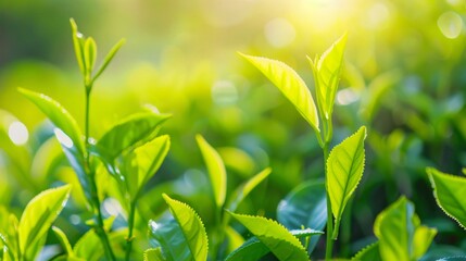 Green tea leaves on a tea plantation, natural landscape, Close-up background