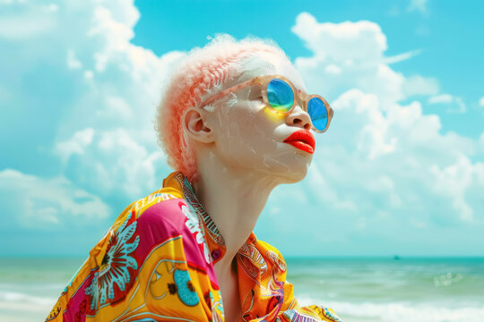 elegant albino woman with sunglasses enjoying seaside summer vibes