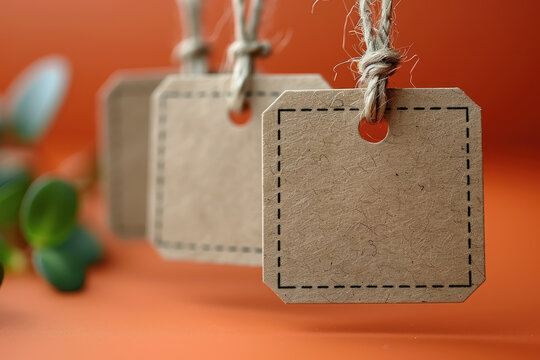 recycled paper price tags mockup with rustic twine and green foliage on orange surface