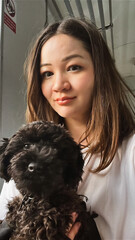 Cuta Asian woman holding black toy poodle dog in arms. Korean female person traveling with puppy. Chinese girl sitting inside train with pet. Film grain texture. Soft focus. Blur