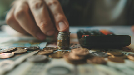 A person's hand piles up coins with money and a calculator on the table in a closeup shot of a financial concept