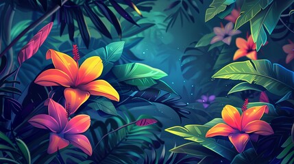 Fototapeta na wymiar Tropic jungle forest flowers wildlife concept drawing painting art wallpaper background