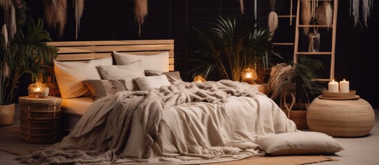 A room with hardwood flooring, a bed, pillows, candles, plants, and art