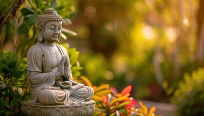Buddha statue serenely graces garden, amidst ethereal bokeh backdrop, radiating tranquility and enlightenment. 🌿🙏 #ZenGarden