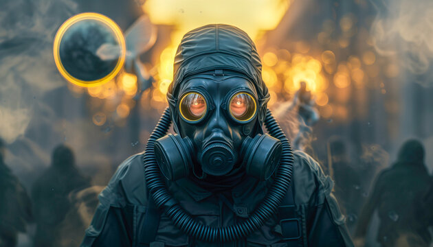 Man with war mask. Man with anti-fire mask.
