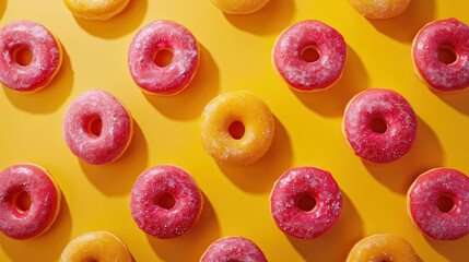 delicious donuts with sugar icing on bright yellow background for appetizing dessert photography - obrazy, fototapety, plakaty