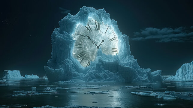 stunning visual metaphor of clock and melting icebergs for global warming, time running out