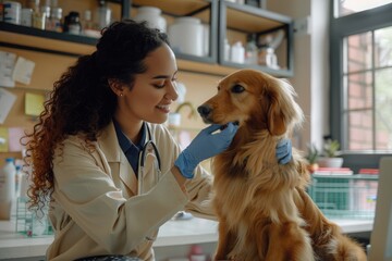 vet treating a dog, giving medicine to a dog