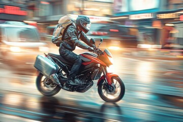 Fototapeta premium man riding a motorcycle carrying a big backpack on his back