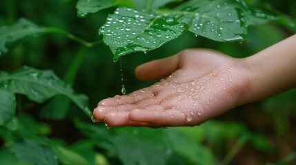 Water drops onto hand under green leaves with bokeh foliage background