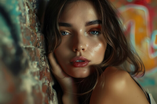 sensual woman with intense gaze and beautiful makeup against an abstract background