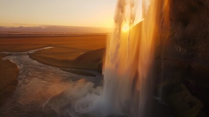 view of the waterfall at sunset