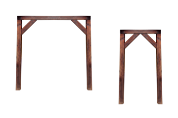 The frame is made of wooden beams of the load-bearing wall of the garage and the door of the wooden building and floor ball goal - on isolated transparent background.