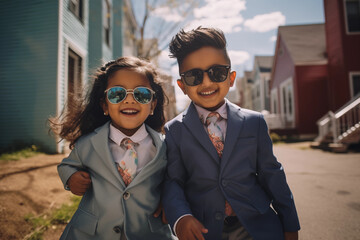 indian children wearing very elegant clothes and sunglasses, walking in the street and laughing, happy, well-dressed, friends, family, intense expression, playful smile, thrilled kids