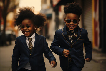 Black children wearing very elegant clothes, walking in the street and laughing, happy, well-dressed, friends, family, intense expression, playful smile, african american thrilled kids - Powered by Adobe