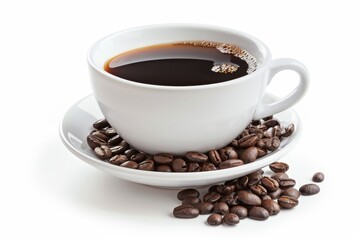Fototapeta premium Freshly brewed coffee in a white cup with coffee beans