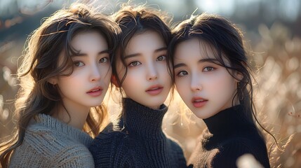 Obraz premium Three young women with natural makeup posing together outdoors in a field at sunset, evoking a sense of friendship and beauty. 