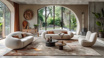 Modern living room with stylish  boucle furniture and large windows overlooking a serene outdoor landscape. 