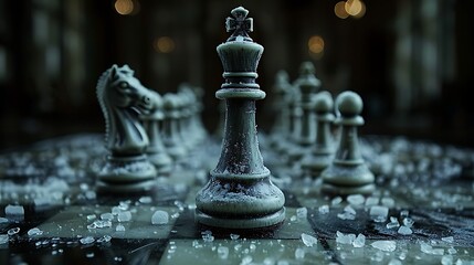 A close-up shot of a dusted chess queen on a board amidst other pieces, evoking strategic and intellectual concepts. 