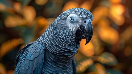 Fototapeta premium A close-up image of an African grey parrot with a sharp focus on its eye against a blurred background of warm bokeh lights. 