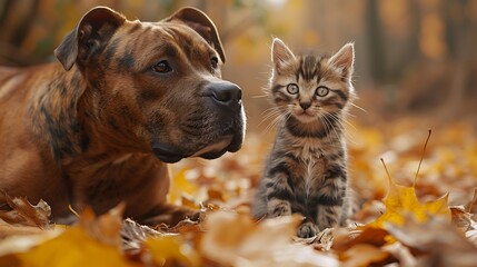 A friendly dog and a cute kitten sitting together among autumn leaves, showcasing an adorable interspecies friendship. 