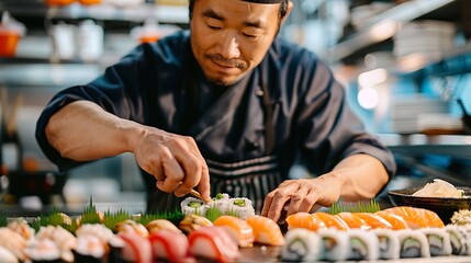 A focused chef meticulously prepares sushi on a counter filled with various colorful sushi selections.