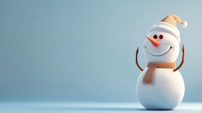 A whimsical cartoon snowman made from 2d clipart stands out against a serene blue background